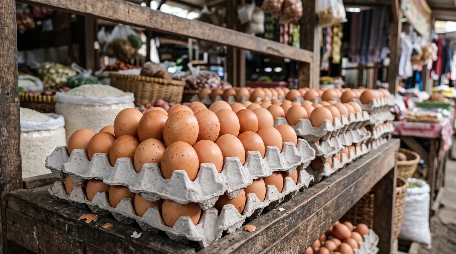Telur ayam tersusun dalam rak karton di lapak pasar tradisional.