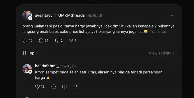 Tangkapan layar diskusi Threads tentang penjual online yang menjawab cek DM saat ditanya harga.