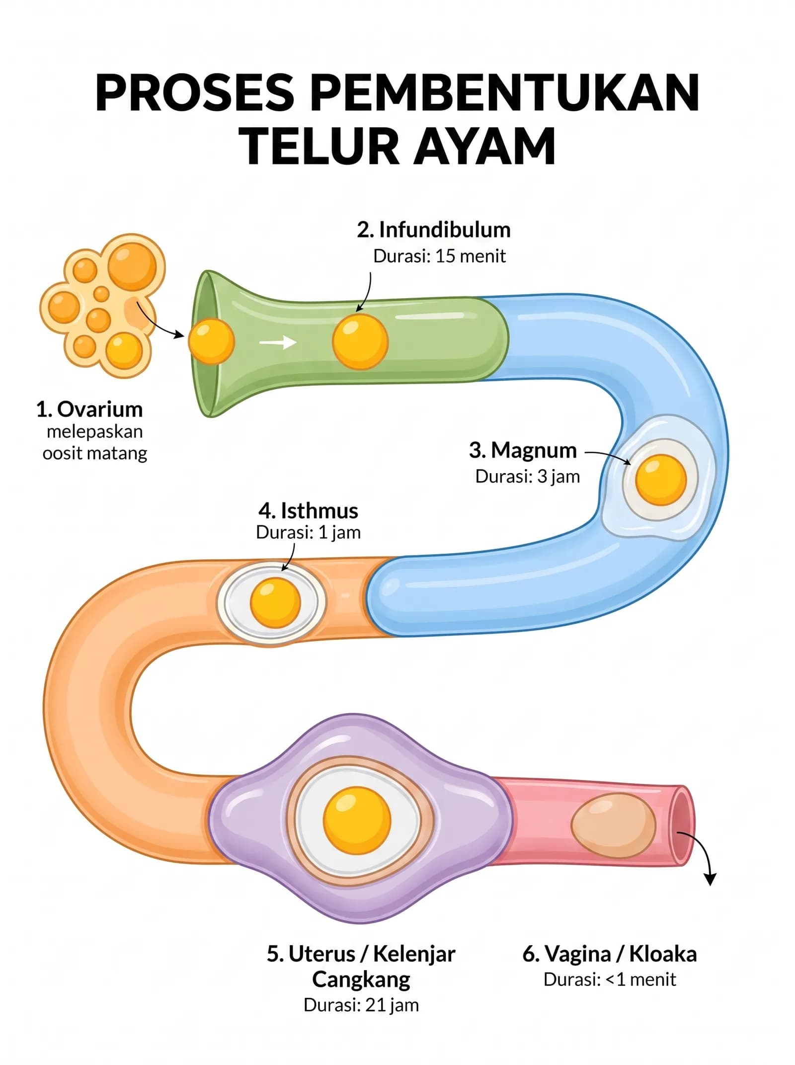Diagram proses pembentukan telur ayam di ovarium dan oviduk